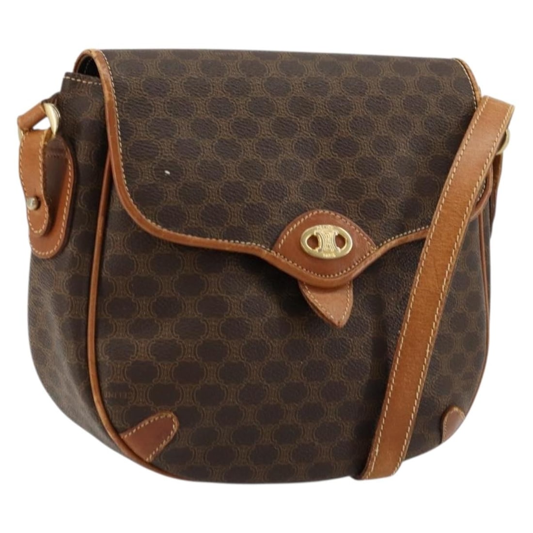 CELINE Macadam Canvas Brown Gold Shoulder Bag PVC Leather Italy: CELINE Macadam Canvas Brown Gold Shoulder Bag PVC Leather Italy This CELINE Macadam Canvas shoulder bag features a classic brown and gold color scheme with PVC leather and Macadam canvas materials. De