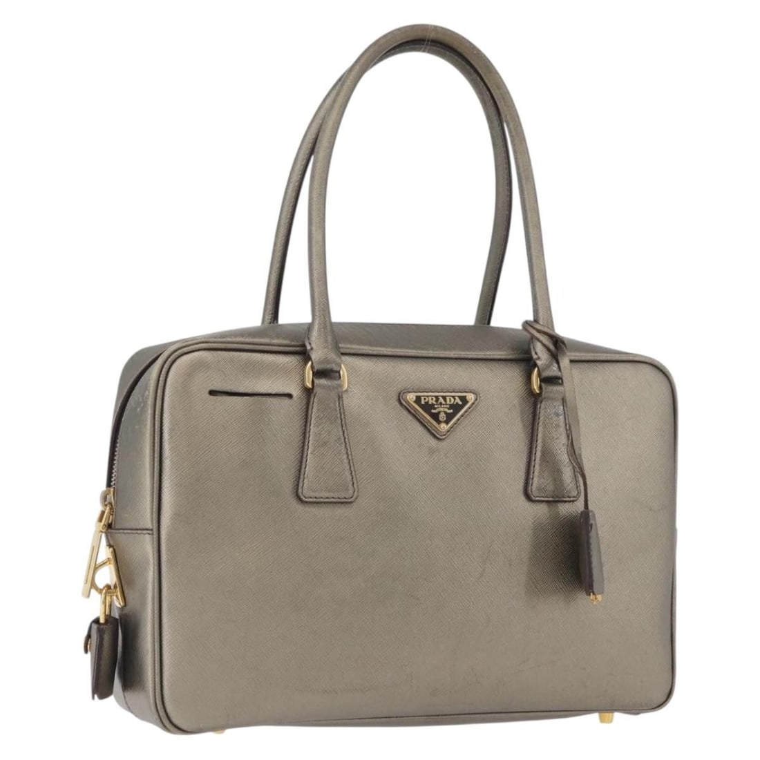 PRADA Saffiano Leather Handbag Gold with Padlock Key Clochette: PRADA Saffiano Leather Handbag Gold with Padlock Key Clochette Prada women's handbag in gold Saffiano leather, made in Italy. This piece includes a padlock, two keys, and a clochette. Condition is hea