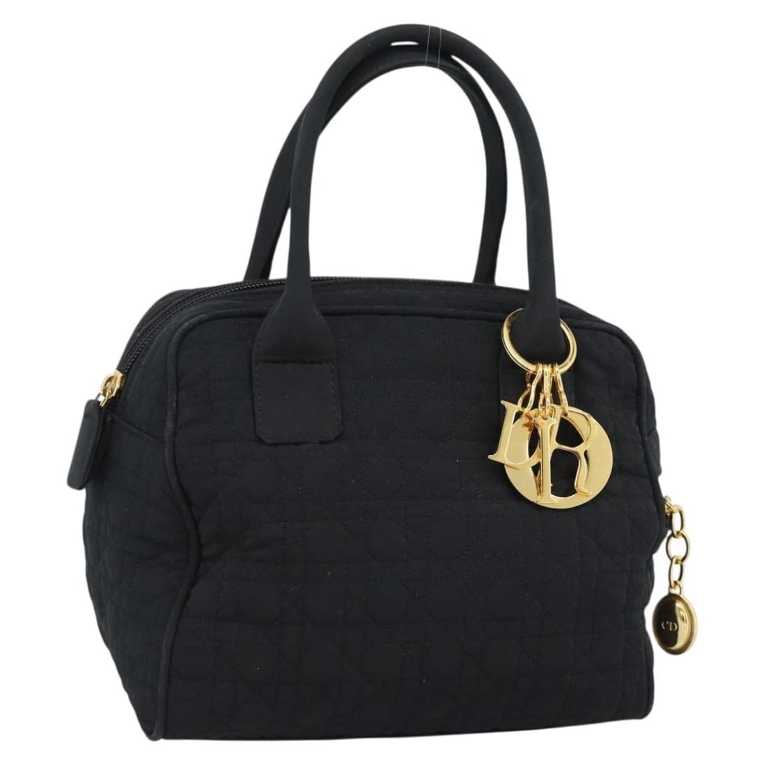 Christian Dior Cannage Canvas Hand Bag Black Gold Charm Italy: Christian Dior Cannage Canvas Hand Bag Black Gold Charm Italy Christian Dior Cannage handbag in black canvas with gold-tone accents, made in Italy. This women's handbag includes a charm and shows heav