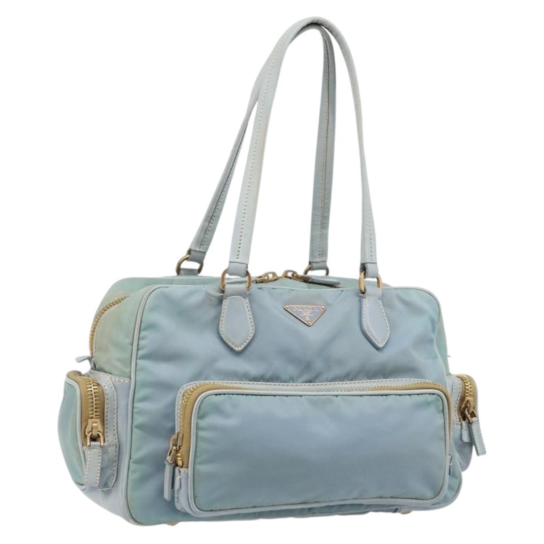 PRADA Nylon Handbag Light Blue with Gold Tone Hardware: PRADA Nylon Handbag Light Blue with Gold Tone Hardware Prada women's handbag in light blue nylon with gold-tone accents, made in Italy. This handbag is offered without the original item box or dust ba