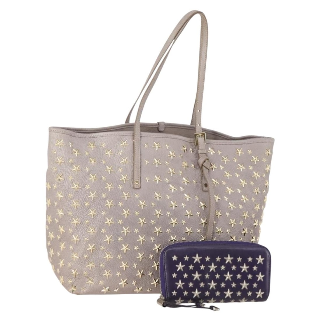 2 Jimmy Choo leather long wallets in gray and purple: 2 Jimmy Choo leather long wallets in gray and purple Authentic Jimmy Choo long wallet 2-piece set in gray and purple leather. Made in Italy for women. This heavily used set shows visible wear througho