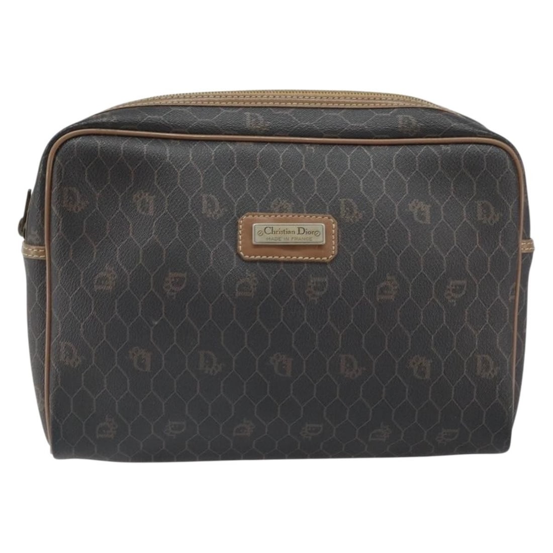 Vintage Honeycomb Pattern Black Canvas Zip Pouch by Christian Dior: Vintage Honeycomb Pattern Black Canvas Zip Pouch by Christian Dior This Christian Dior vintage Honeycomb zip pouch is crafted from black canvas with leather accents. Designed for women, it features a 