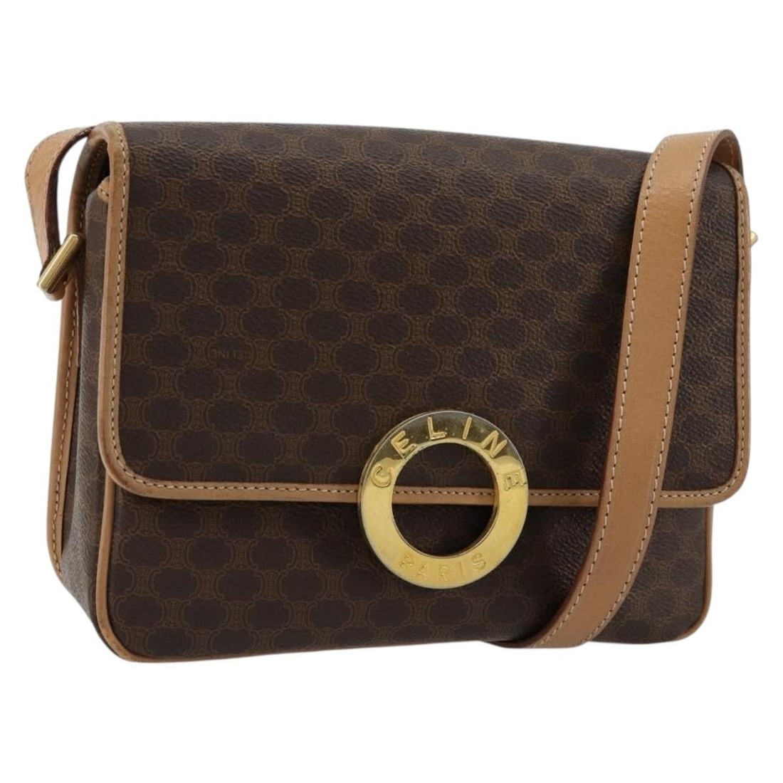 CELINE Macadam Shoulder Bag Brown PVC Leather Italy: CELINE Macadam Shoulder Bag Brown PVC Leather Italy Celine Macadam canvas shoulder bag in brown with gold-tone detailing, crafted with PVC leather. Made in Italy, this women's shoulder bag includes on