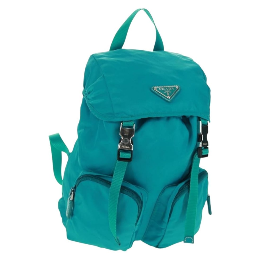 Prada Nylon Backpack Turquoise Blue with Silver Tone Hardware: Prada Nylon Backpack Turquoise Blue with Silver Tone Hardware Prada women's backpack in turquoise blue nylon with silver-tone accents. Made in Italy, this backpack includes a dust bag and shows reason