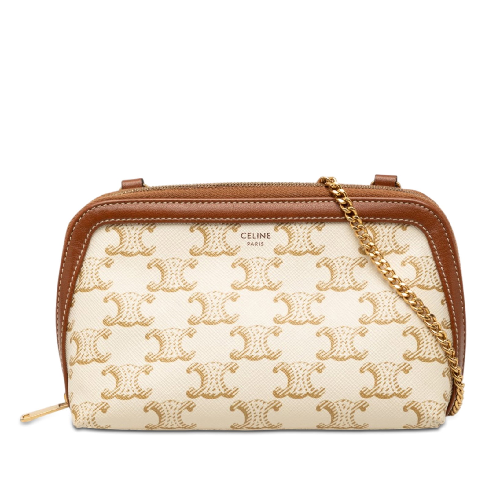 Celine Triomphe chain clutch bag in coated canvas: Celine Triomphe chain clutch bag in coated canvas Celine Triomphe coated canvas clutch on chain with leather trim and a gold-tone curb chain link shoulder strap. The bag features a top zip closure and