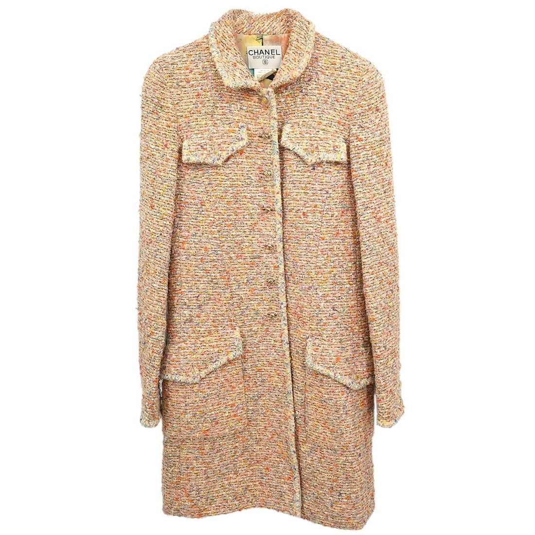 Vintage CHANEL 97P Pink Tweed Overcoat Size 38 France: Vintage CHANEL 97P Pink Tweed Overcoat Size 38 France Vintage Chanel pink tweed overcoat with a collared, single-breasted design and long sleeves. This women's coat is made in France and features a re