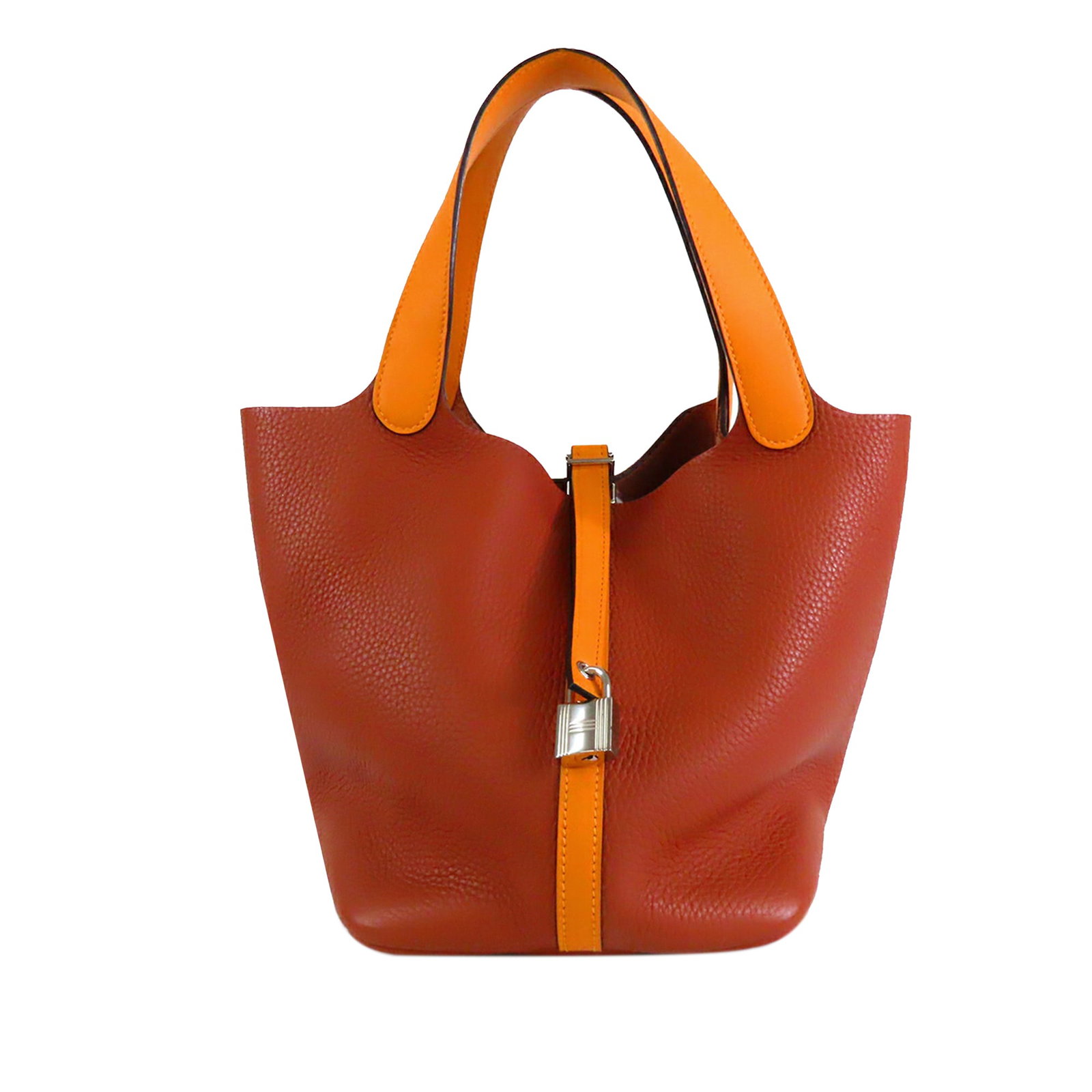 Hermes Picotin Lock 22 Bicolor Clemence Swift Leather Bag: Hermes Picotin Lock 22 Bicolor Clemence Swift Leather Bag Hermes Picotin Lock 22 in bicolor Clemence and Swift leather. This bag features Cuivre and Jaune d'Or tones, flat leather handles, and an open