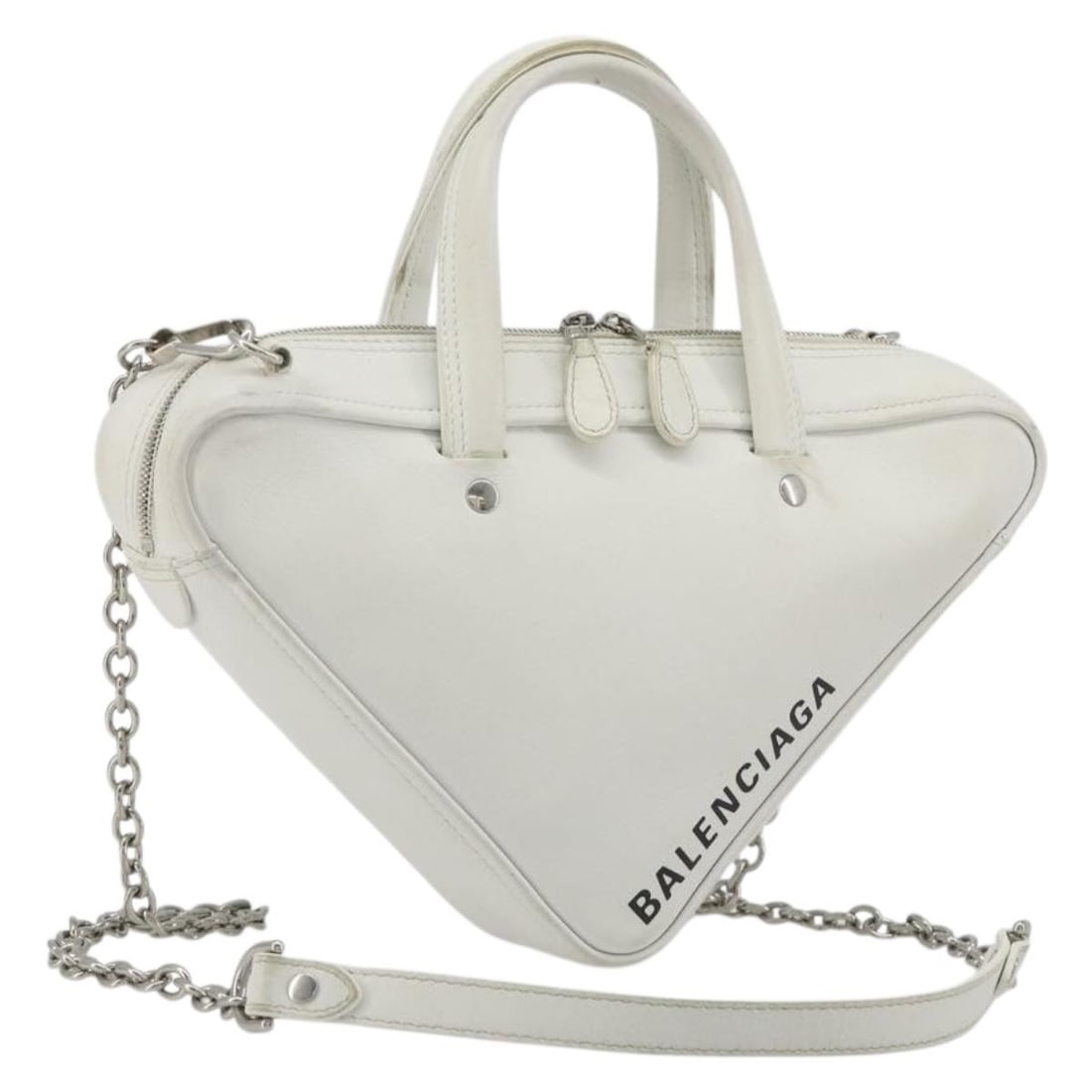 BALENCIAGA 527272 Triangle Leather 2way Hand Bag White Silver: BALENCIAGA 527272 Triangle Leather 2way Hand Bag White Silver Balenciaga Triangle Duffel 2-way handbag in white and silver leather with top handles and a removable shoulder strap. This women's bag is 