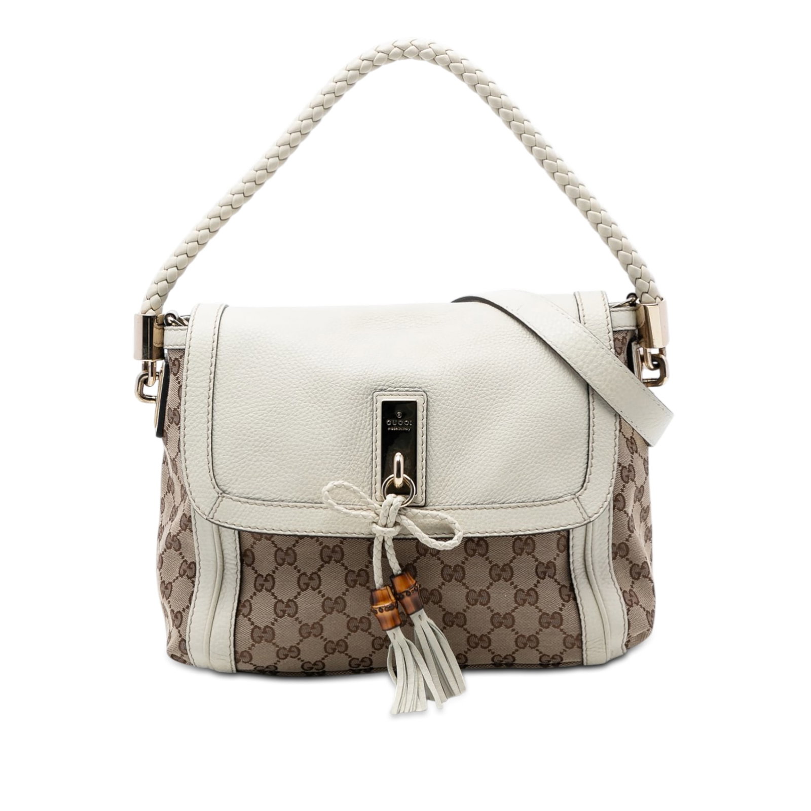 Beige Bella Satchel in GG Canvas with Braided Leather Handle by Gucci: Beige Bella Satchel in GG Canvas with Braided Leather Handle by Gucci This Gucci GG Canvas Bella Flap Satchel features a beige canvas body with leather trim, a braided leather handle, a detachable fla