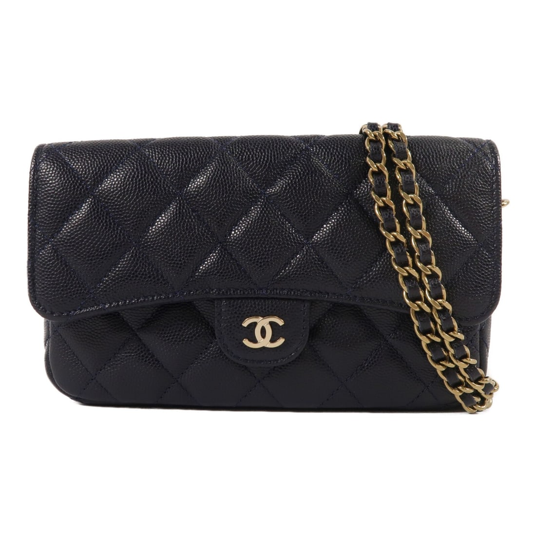 CHANEL AP2096 CC Phone Chain Shoulder Bag Blue Calfskin GHW: CHANEL AP2096 CC Phone Chain Shoulder Bag Blue Calfskin GHW CHANEL shoulder bag in blue calfskin (cowhide) leather with CC hardware in gold-tone finish. It features a magnetic pocket, one outside/insi
