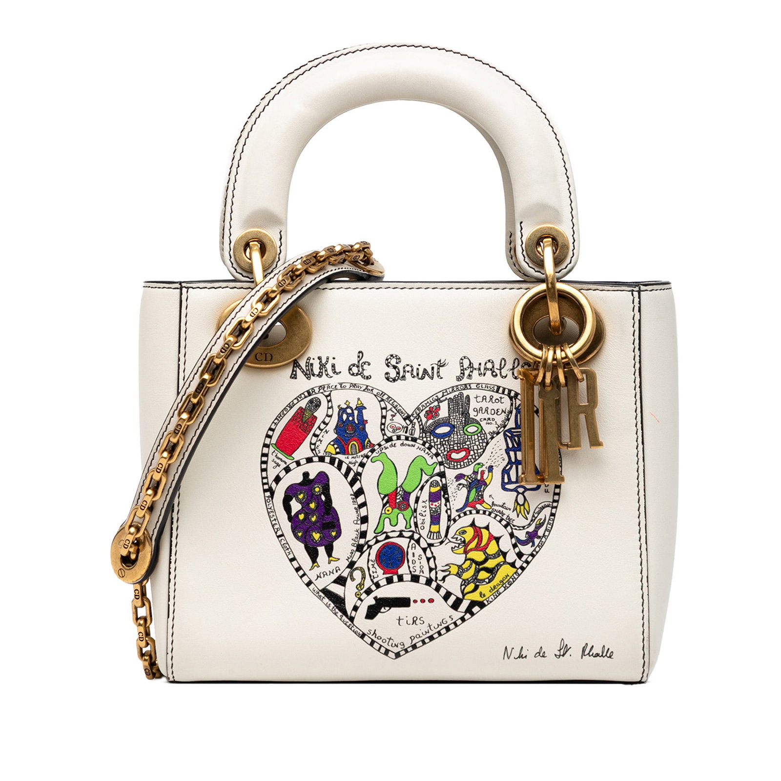 DiorAmour Niki De Saint Phalle Mini Calfskin White Satchel: DiorAmour Niki De Saint Phalle Mini Calfskin White Satchel Introducing the DiorAmour Niki De Saint Phalle Mini Calfskin Lady Dior, a stunning satchel that showcases exquisite artistry and craftsmanshi