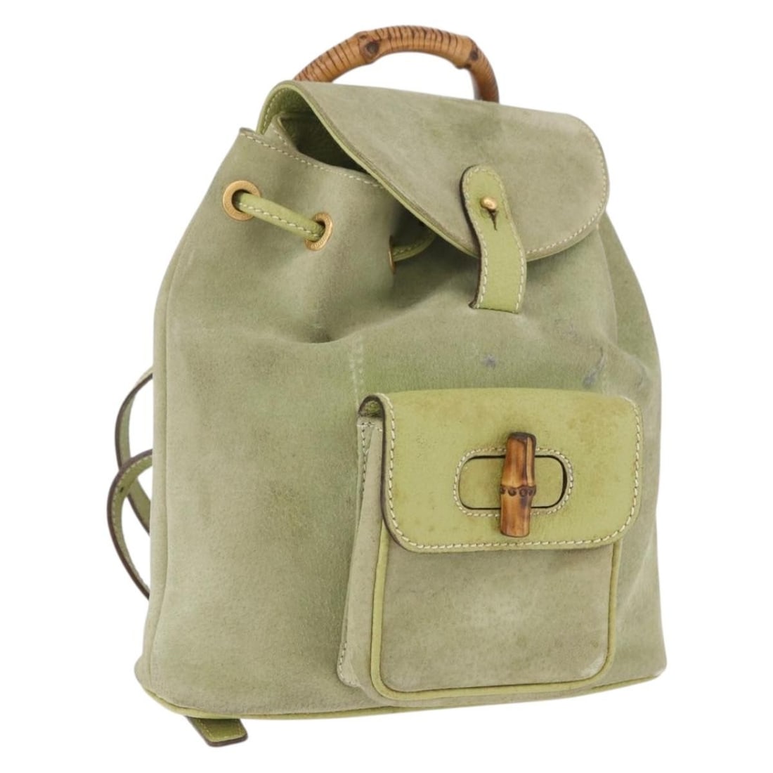 Gucci 003 2058 0030 Bamboo Suede Backpack Green Gold: Gucci 003 2058 0030 Bamboo Suede Backpack Green Gold Gucci bamboo backpack in green suede with gold-tone accents. Made in Italy, this women's backpack is a heavily used piece with visible wear through