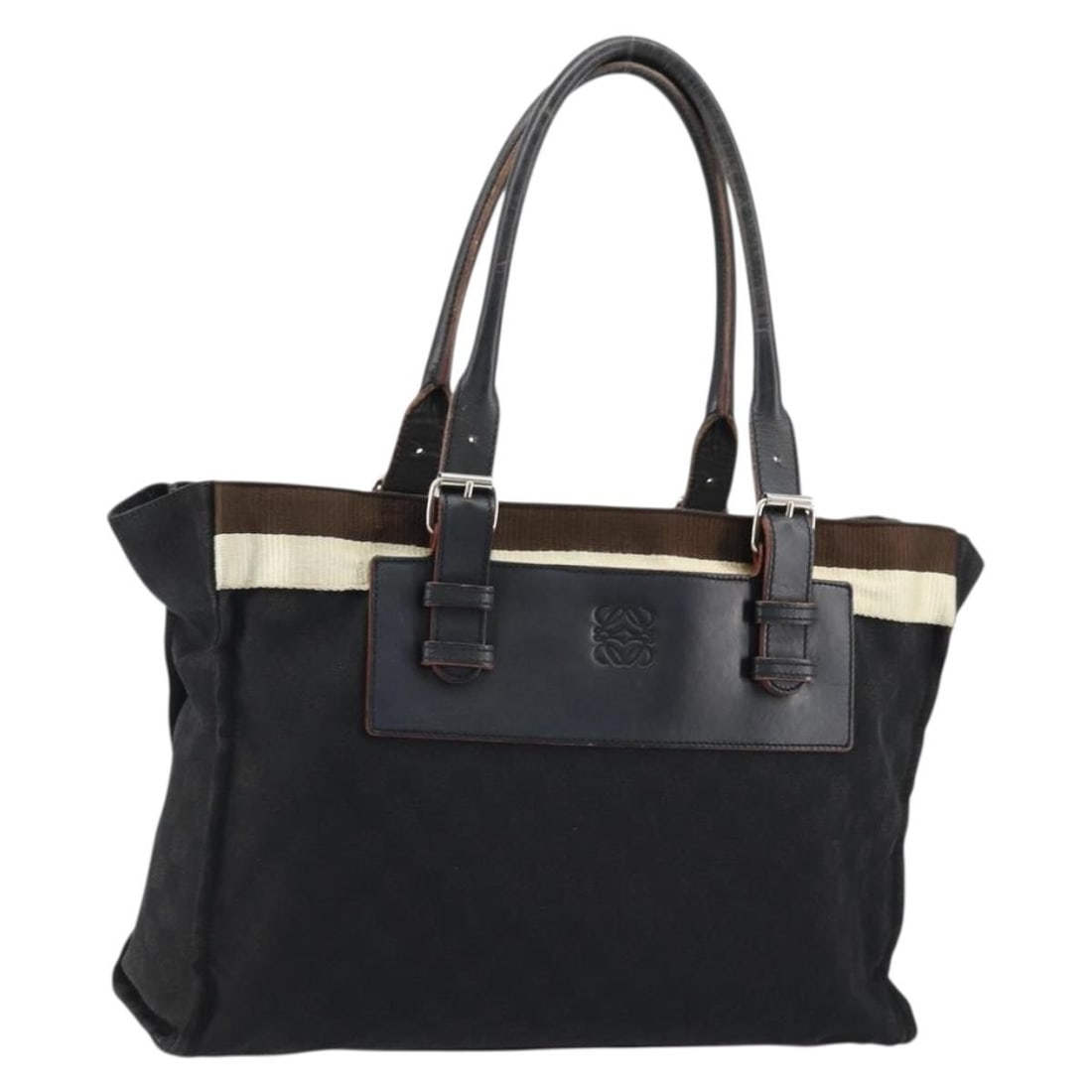LOEWE Anagram Canvas Tote Handbag Black Silver: LOEWE Anagram Canvas Tote Handbag Black Silver LOEWE Anagram tote bag in black and silver canvas, made in Spain. This women's tote is offered without the original box or dust bag; only the item shown 