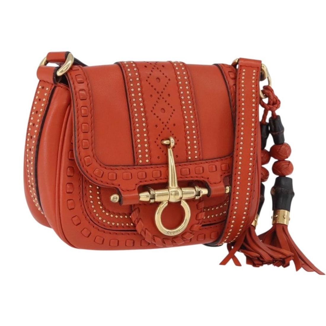 Gucci 263956 Bamboo Tassel Leather Shoulder Bag Orange: Gucci 263956 Bamboo Tassel Leather Shoulder Bag Orange Gucci bamboo snuffle bit tassel shoulder bag in orange leather with gold-tone accents. This women's shoulder bag is made in Italy and has been cu