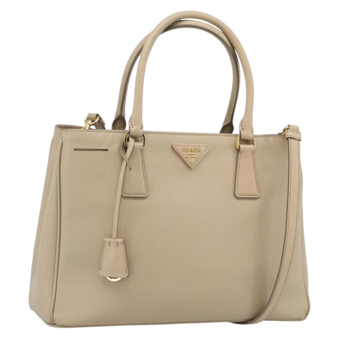 PRADA Galleria Saffiano Leather 2 Way Handbag Beige Gold: PRADA Galleria Saffiano Leather 2 Way Handbag Beige Gold Prada Galleria 2-way handbag in beige Saffiano leather with gold-tone accents. Made in Italy, this women's handbag includes a clochette and sho