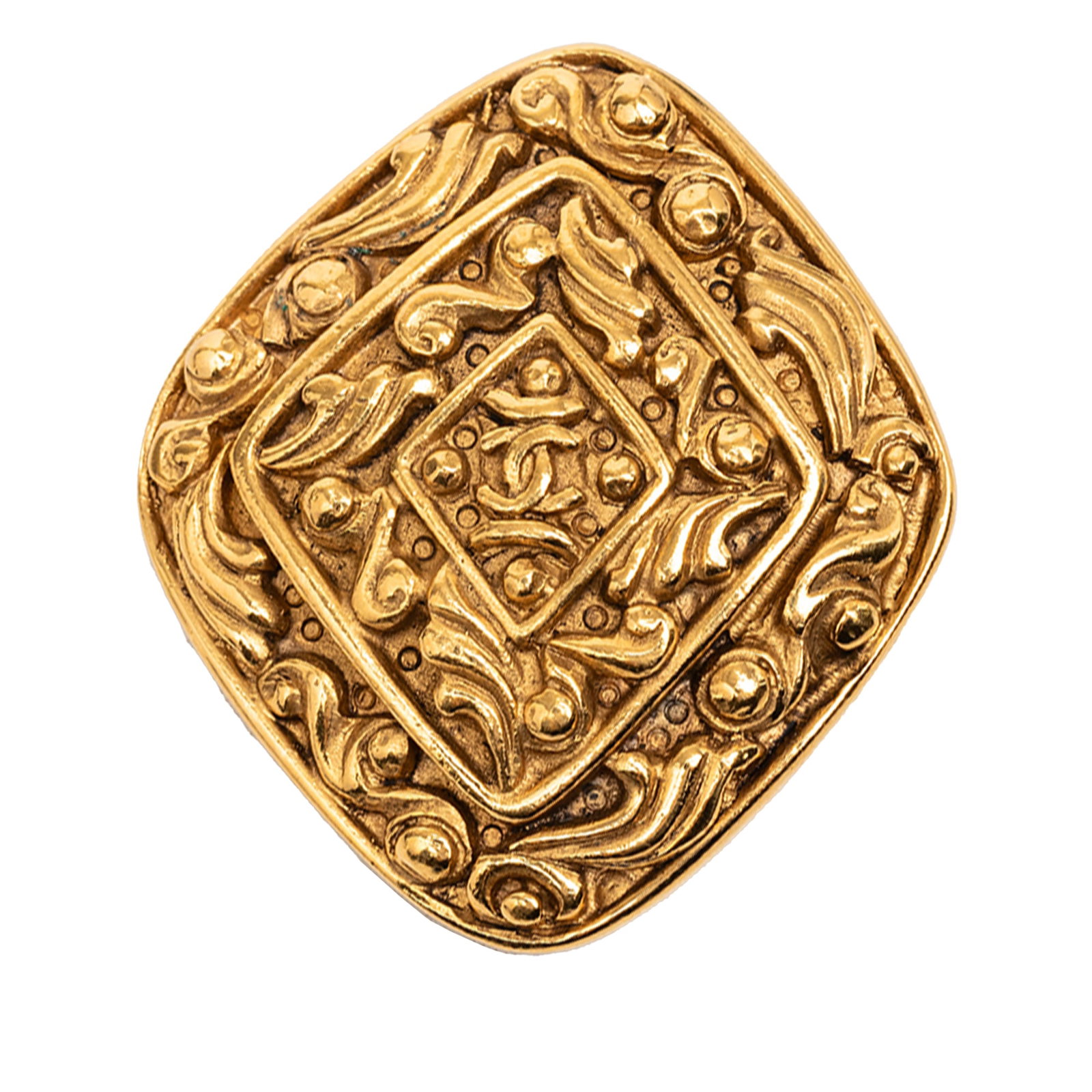 Chanel CC Rhombus Gold Plated Metal Brooch: Chanel CC Rhombus Gold Plated Metal Brooch Chanel CC rhombus brooch in gold-plated metal with a back pin closure. This costume jewelry piece is made in France. Condition is AB, with scratches to the b