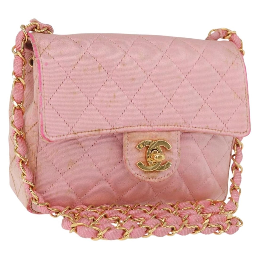 CHANEL Mini Matelasse Canvas Shoulder Bag Pink Gold CC: CHANEL Mini Matelasse Canvas Shoulder Bag Pink Gold CC Mini Matelasse chain shoulder bag in pink and gold canvas. This women's shoulder bag includes the guarantee card and was made in France. Conditio