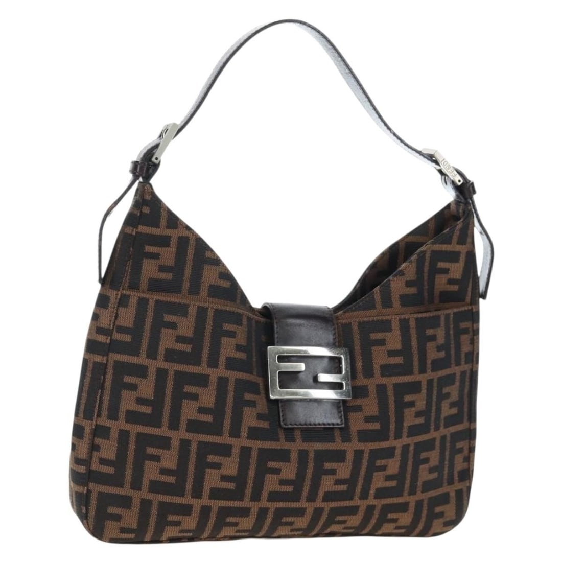 FENDI Mamma Baguette Shoulder Bag in Brown Black Zucca Canvas: FENDI Mamma Baguette Shoulder Bag in Brown Black Zucca Canvas Fendi Zucca Canvas Mamma Baguette shoulder bag in brown and black, made in Italy. This women's shoulder bag is offered without the origina