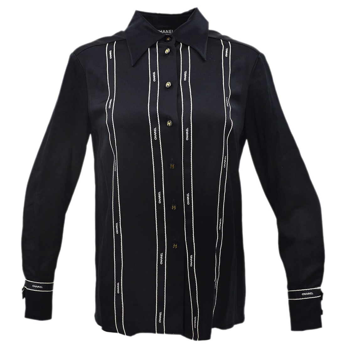 CHANEL 94A black silk long sleeve collared blouse size 40: CHANEL 94A black silk long sleeve collared blouse size 40 Vintage Chanel black silk blouse with a collared neckline, long sleeves, and button-front closure. Designed in a regular fit, this women's blo