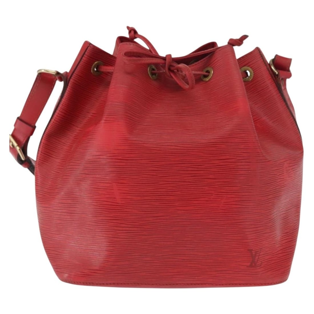 Red Epi Leather Handbag Louis Vuitton Petit Noe: Red Epi Leather Handbag Louis Vuitton Petit Noe The Louis Vuitton Petit Noe handbag in red Epi leather is designed for women and features a structured silhouette. Originating from France, this handbag