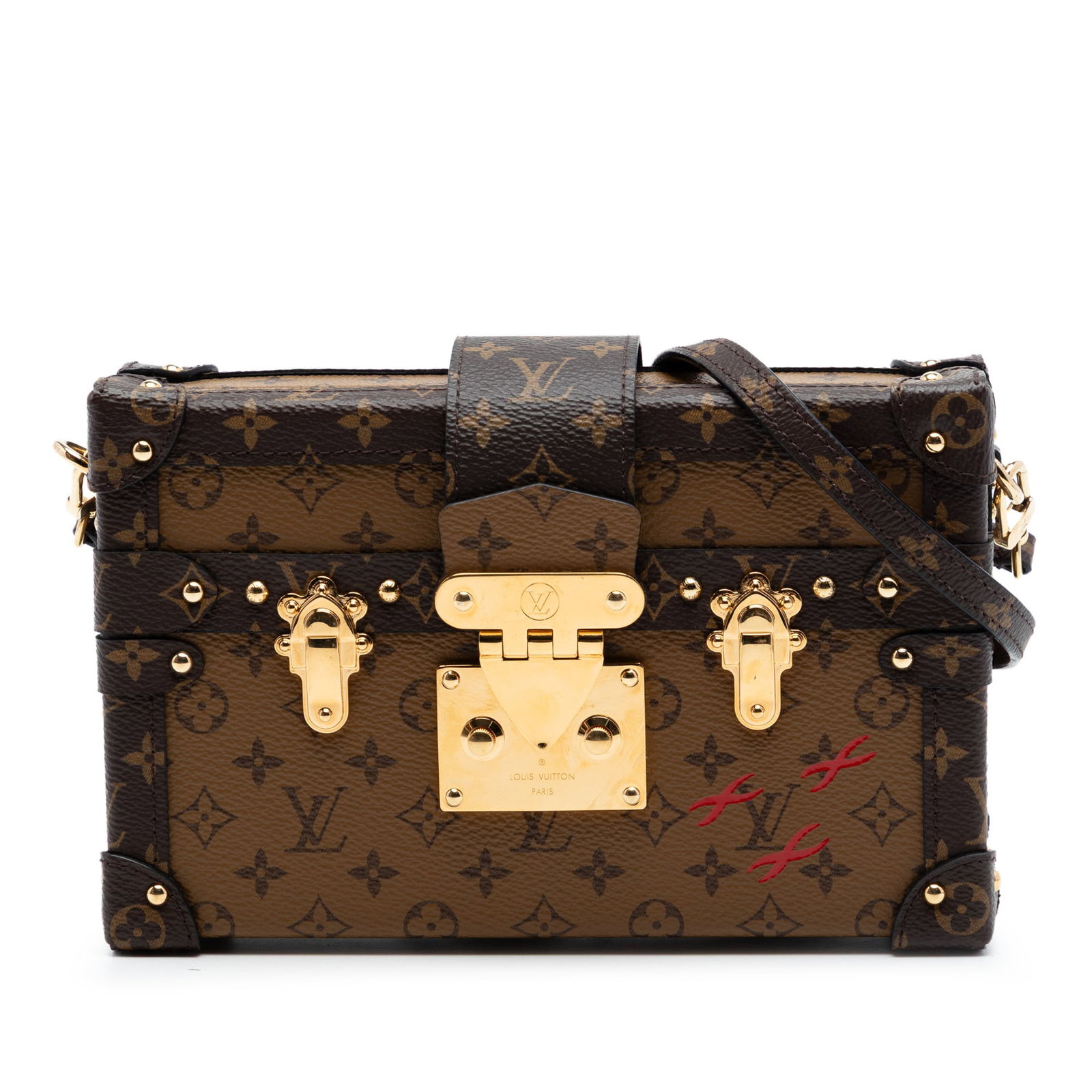 Louis Vuitton Petite Malle Monogram Reverse Shoulder Bag: Louis Vuitton Petite Malle Monogram Reverse Shoulder Bag The Louis Vuitton Monogram Reverse Petite Malle is a structured shoulder bag featuring the brand's monogram reverse canvas, an adjustable flat 