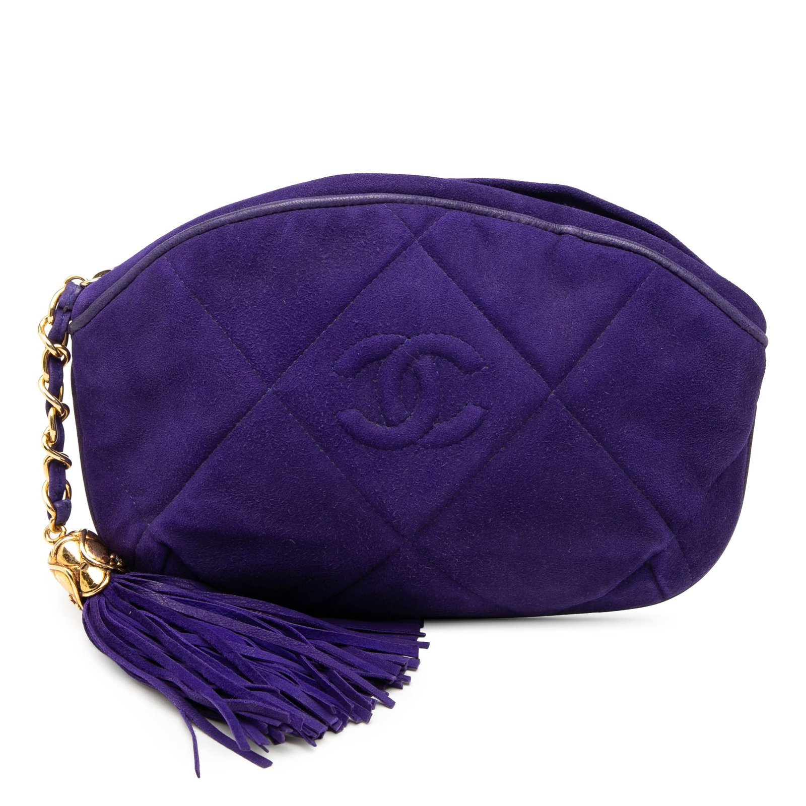 Chanel CC Tassel Clutch Blue Quilted Suede Leather: Chanel CC Tassel Clutch Blue Quilted Suede Leather Chanel CC suede tassel clutch in blue with a quilted leather body and top zip closure. The interior includes zip and slip pockets. Includes card. Con