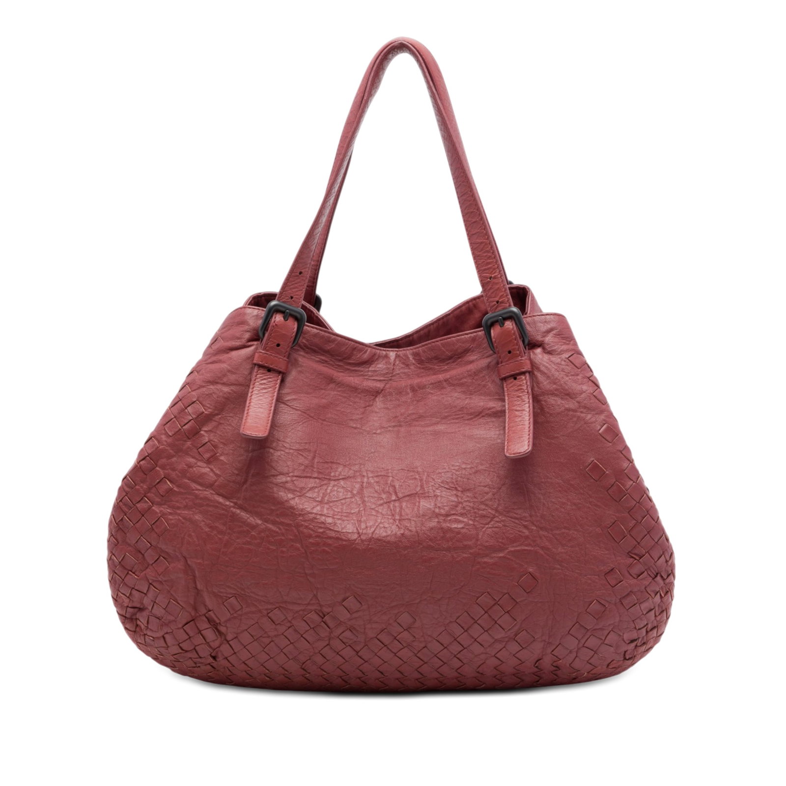 Bottega Veneta Cesta Tote Large Red Nappa Leather Intrecciato Trim: Bottega Veneta Cesta Tote Large Red Nappa Leather Intrecciato Trim Bottega Veneta Large Intrecciato Trimmed Nappa Cesta Tote in red leather. This tote features woven trim, flat leather straps, an open