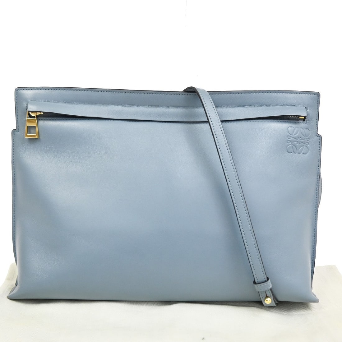 Blue Loewe T Messenger Leather Shoulder Bag: Blue Loewe T Messenger Leather Shoulder Bag This Loewe T Messenger bag is crafted from blue leather and designed specifically for women. It features a spacious interior and a practical shoulder strap,