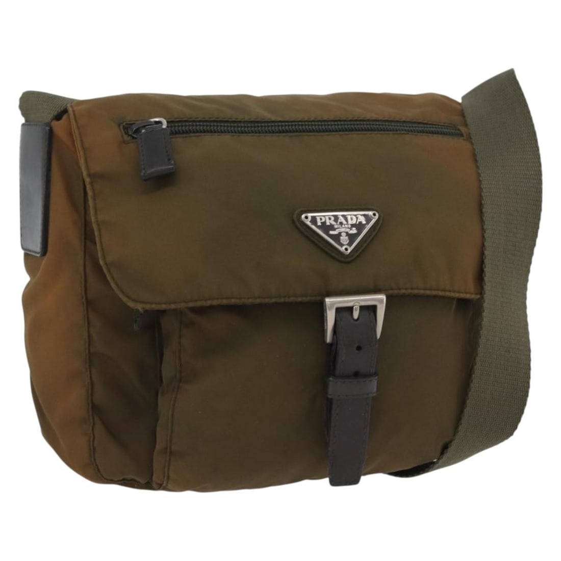 PRADA Nylon Shoulder Bag in Khaki with Silver Tone Trim: PRADA Nylon Shoulder Bag in Khaki with Silver Tone Trim Authentic Prada shoulder bag in khaki nylon with silver-tone accents. This women's bag is made in Italy and features an adjustable shoulder stra