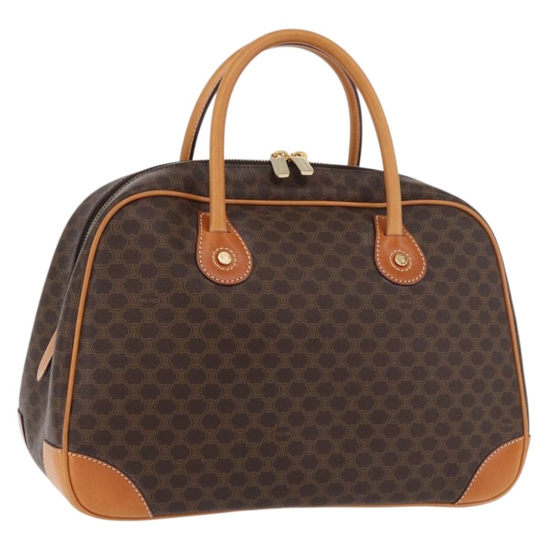 CELINE Macadam Brown PVC Leather Handbag Gold Tone Italy: CELINE Macadam Brown PVC Leather Handbag Gold Tone Italy CELINE Macadam canvas hand bag in brown and gold PVC leather, made in Italy. The bag measures approximately 13.0 x 7.9 x 5.5 inches with a hand