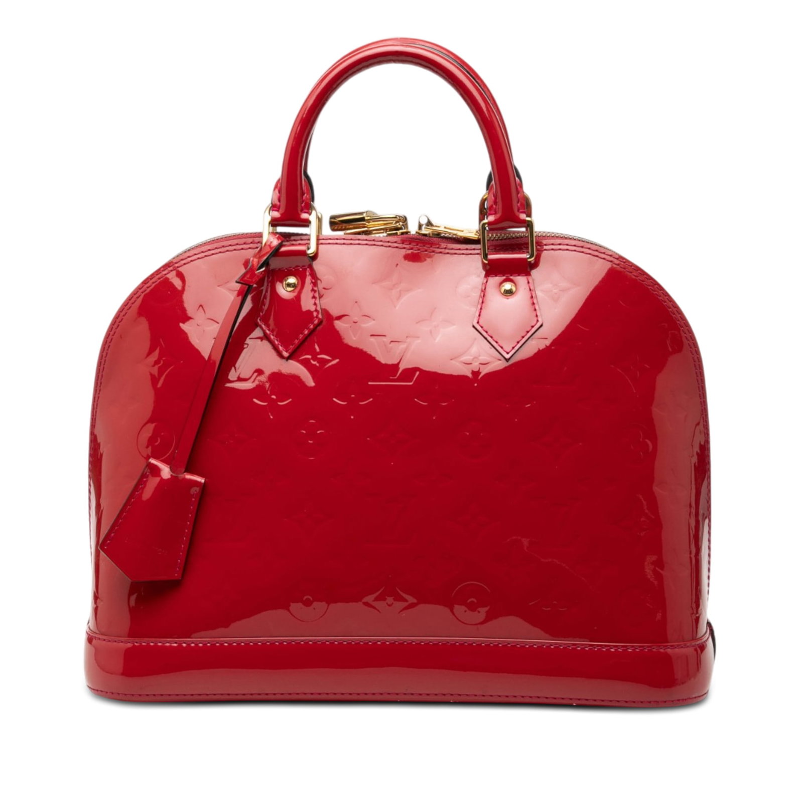 Louis Vuitton Alma PM red Monogram Vernis leather handbag: Louis Vuitton Alma PM red Monogram Vernis leather handbag Louis Vuitton Monogram Vernis Alma PM handbag crafted in red leather with rolled leather handles, a top zip closure, clochette, and interior s