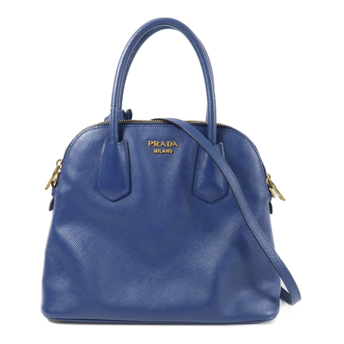 PRADA 2 Way Shoulder Bag Blue Calfskin Leather Gold Hardware: PRADA 2 Way Shoulder Bag Blue Calfskin Leather Gold Hardware PRADA 2-way shoulder bag in blue calfskin (cowhide) leather, made in Italy. It features a blue frame color, a handle, and a shoulder strap.