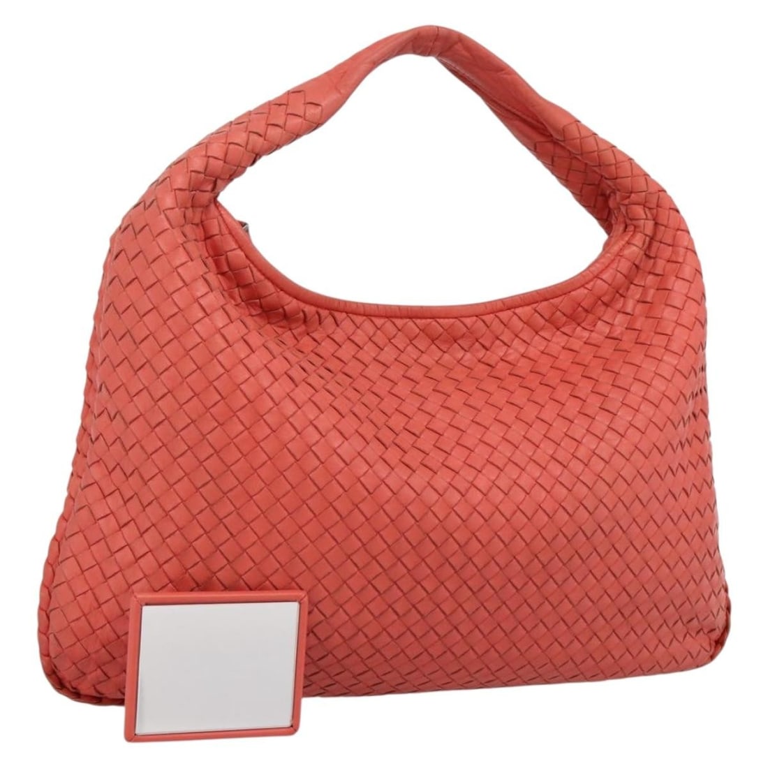 Bottega Veneta 115654 Intrecciato Pink Leather Hobo Bag: Bottega Veneta 115654 Intrecciato Pink Leather Hobo Bag Bottega Veneta Intrecciato hobo handbag in pink leather with mirror accessory. Made in Italy, this women's handbag shows heavy use with visible 