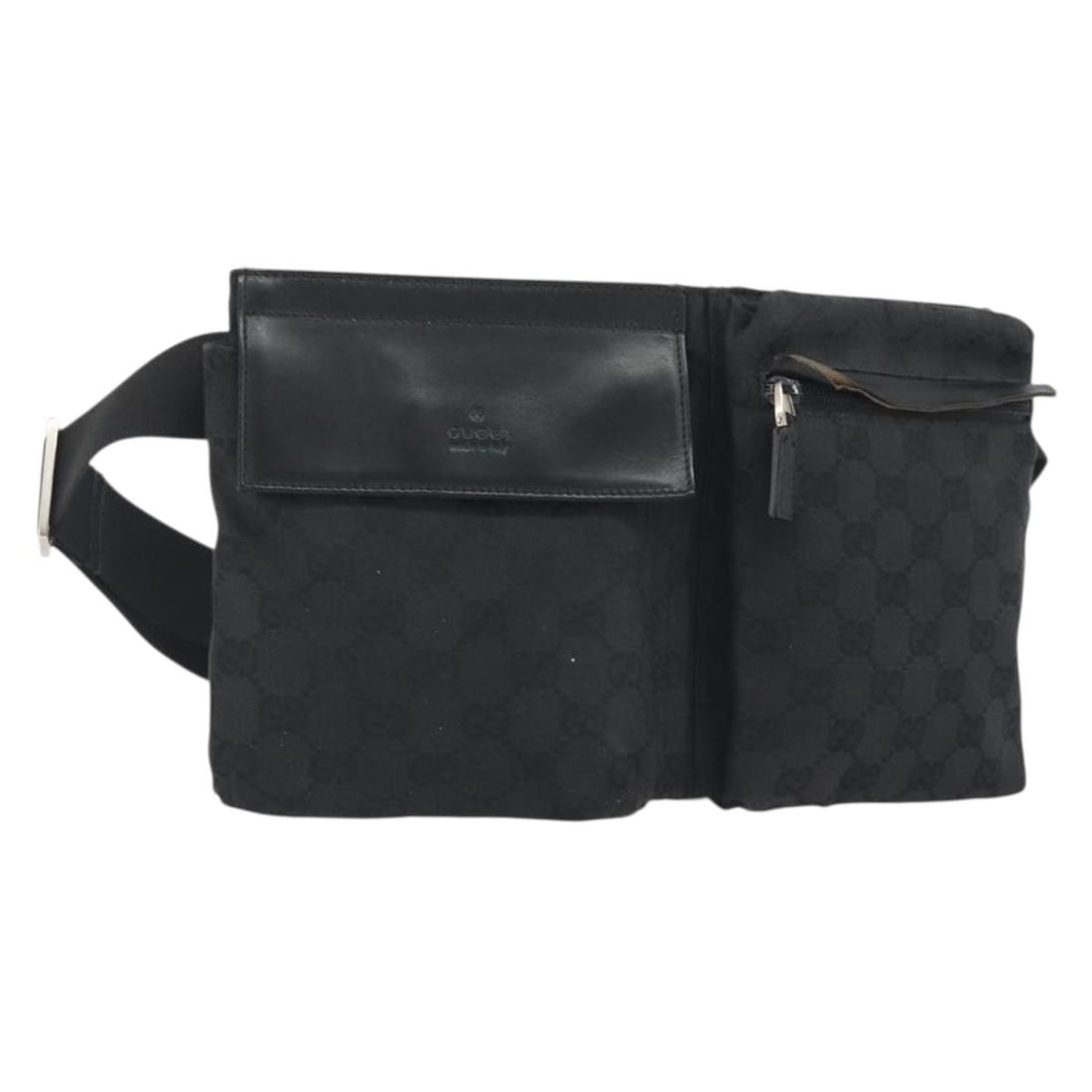 GUCCI 28566 GG Canvas Belt Bag Black Silver: GUCCI 28566 GG Canvas Belt Bag Black Silver Authentic Gucci waist bag in black and silver GG canvas. This women's bag features a slim profile and adjustable waist strap. Condition is heavily used, wit