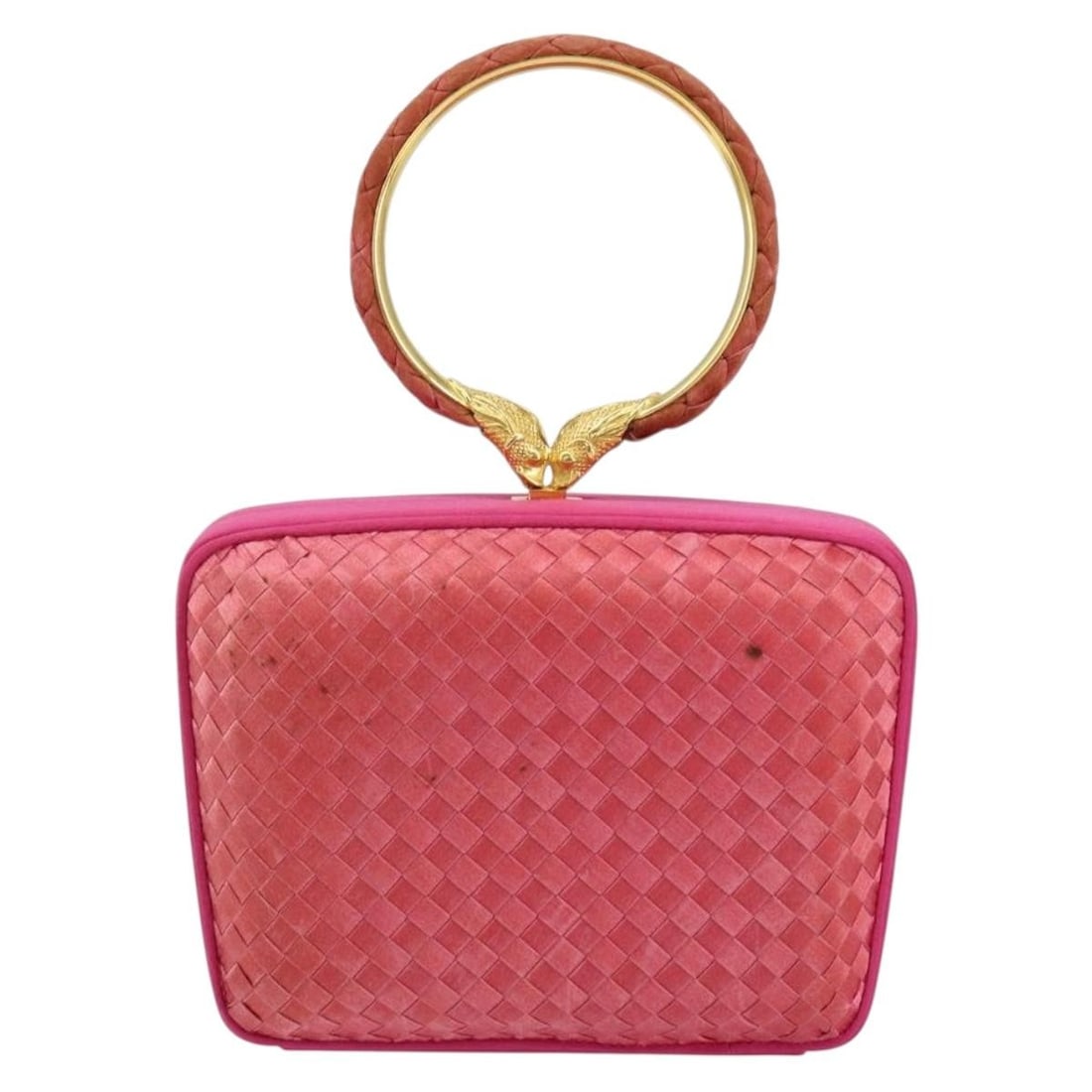 Pink Satin Intrecciato Clutch by Bottega Veneta: Pink Satin Intrecciato Clutch by Bottega Veneta This Bottega Veneta Intrecciato clutch bag is crafted from pink satin and features the brand's signature woven design. The bag is designed for women and