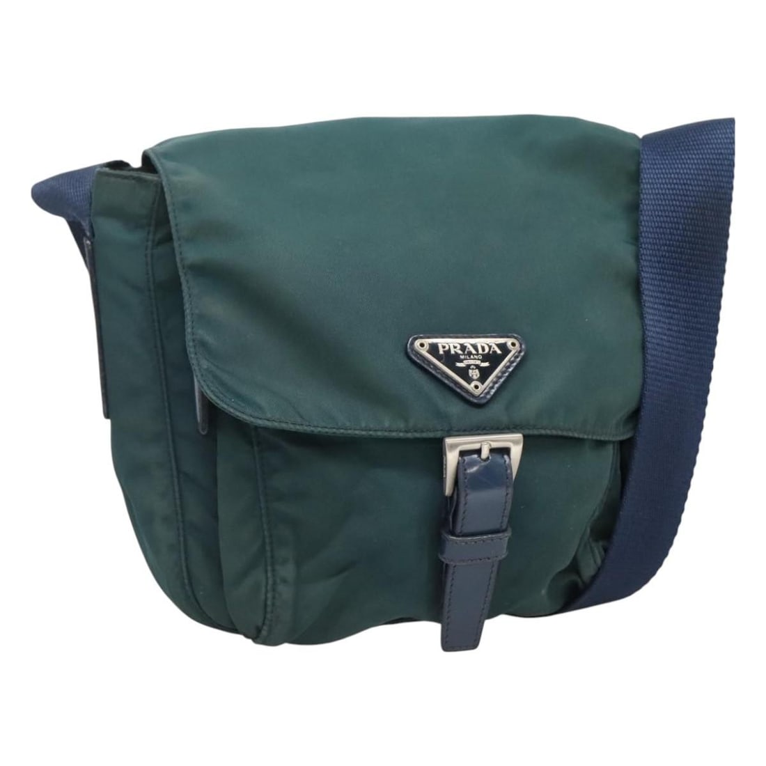 Prada Green Nylon Shoulder Bag Made in Italy: Prada Green Nylon Shoulder Bag Made in Italy Authentic Prada shoulder bag in green nylon with an adjustable shoulder strap. Made in Italy, this women's bag shows heavy use with visible wear throughout
