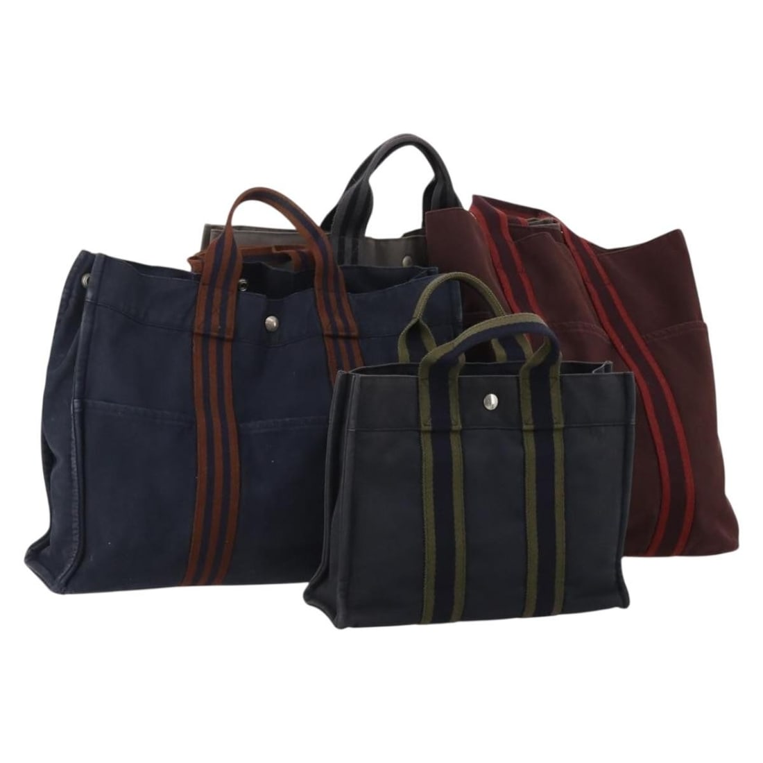 4 Hermes Fourre Tout Cotton Hand Bags Navy Red Gray: 4 Hermes Fourre Tout Cotton Hand Bags Navy Red Gray Set of four Hermes Fourre Tout handbags in cotton with a navy, red, and gray color palette. Made in France, this women's handbag bundle is offered a