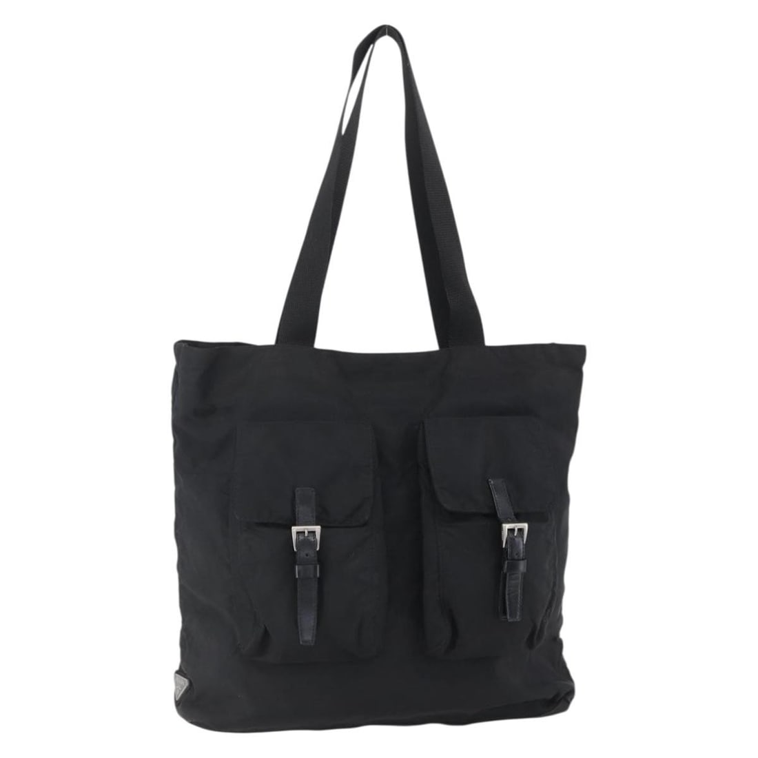 Prada black nylon tote bag with guarantee card: Prada black nylon tote bag with guarantee card This PRADA tote bag is crafted from black nylon with silver-tone accents, offering a spacious and practical design. Made in Italy, it features dual top h