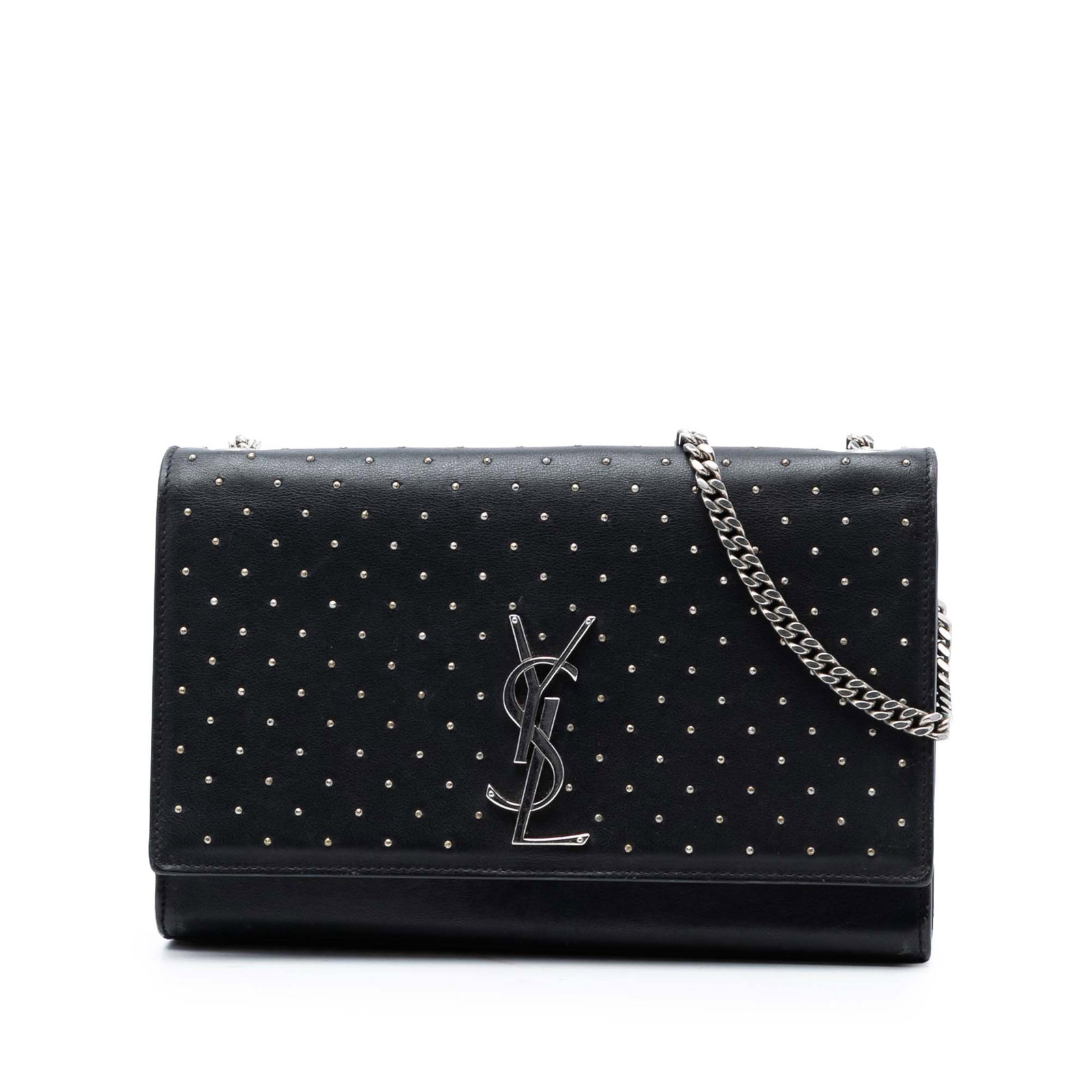 Saint Laurent Kate leather studded monogram crossbody bag: Saint Laurent Kate leather studded monogram crossbody bag This Saint Laurent Medium Leather Studded Monogram Kate Crossbody bag is crafted from black leather and features studded detailing. It has a c