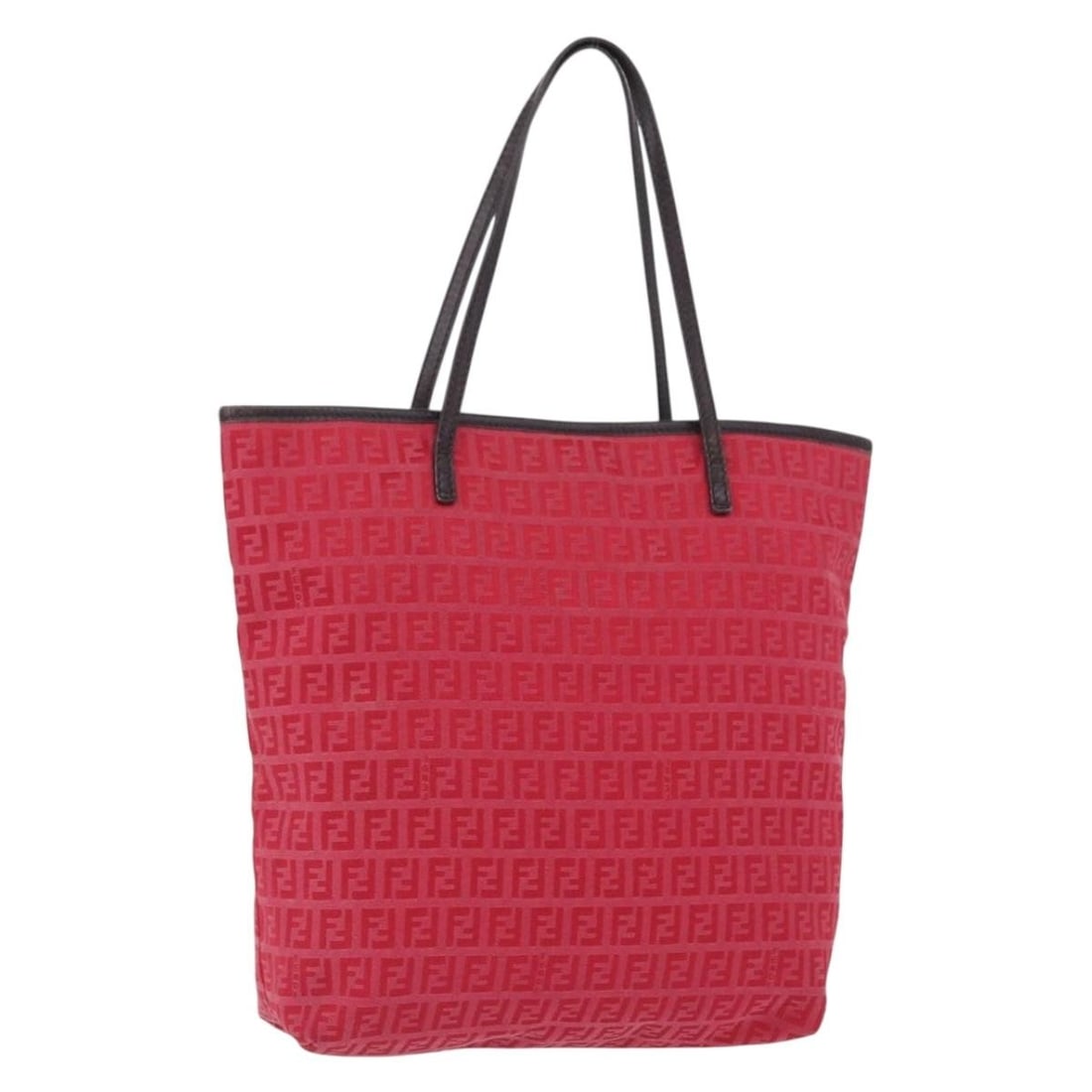 FENDI 8BH074 Red Brown Zucchino Canvas Tote: FENDI 8BH074 Red Brown Zucchino Canvas Tote Fendi tote bag in red and brown Zucchino canvas. This women's bag features a structured everyday silhouette with dual handles and is made in Italy. It is of