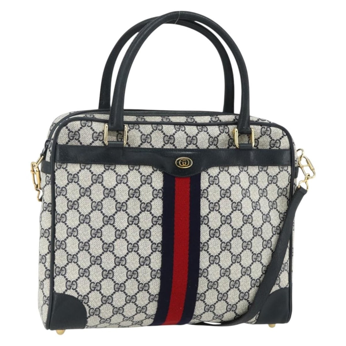 GUCCI 904 02 015 GG Supreme Sherry 2way Handbag Navy Gold: GUCCI 904 02 015 GG Supreme Sherry 2way Handbag Navy Gold Gucci GG Supreme Sherry Line hand bag in PVC leather and GG canvas, presented in navy and gold. It is a 2-way style with a shoulder strap acce