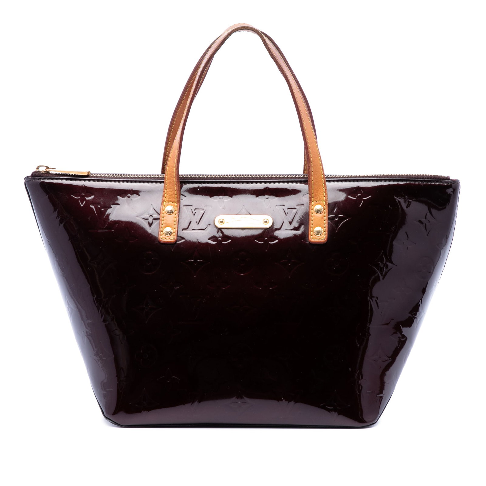 Louis Vuitton Bellevue PM Monogram Vernis Purple Leather Handbag: Louis Vuitton Bellevue PM Monogram Vernis Purple Leather Handbag Louis Vuitton Bellevue PM handbag in monogram vernis leather with flat vachetta leather handles, a top zip closure, and interior slip p