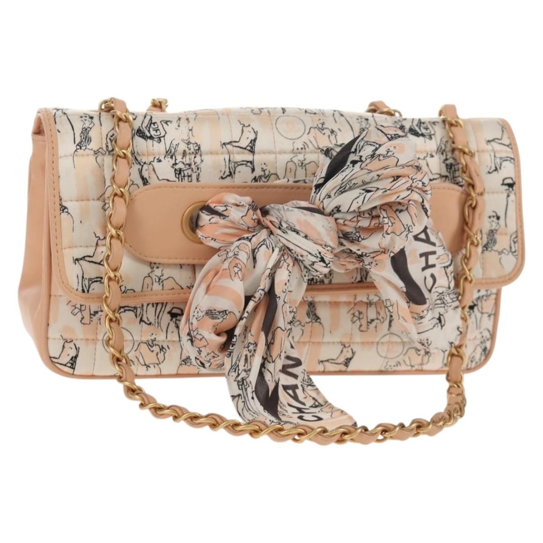 CHANEL Choco Bar Silk Shoulder Bag Pink Gold Auth 144881SAV: CHANEL Choco Bar Silk Shoulder Bag Pink Gold Auth 144881SAV This exquisite CHANEL Choco Bar Chain Shoulder Bag is a luxurious accessory crafted from soft silk in a stunning pink and gold color combina