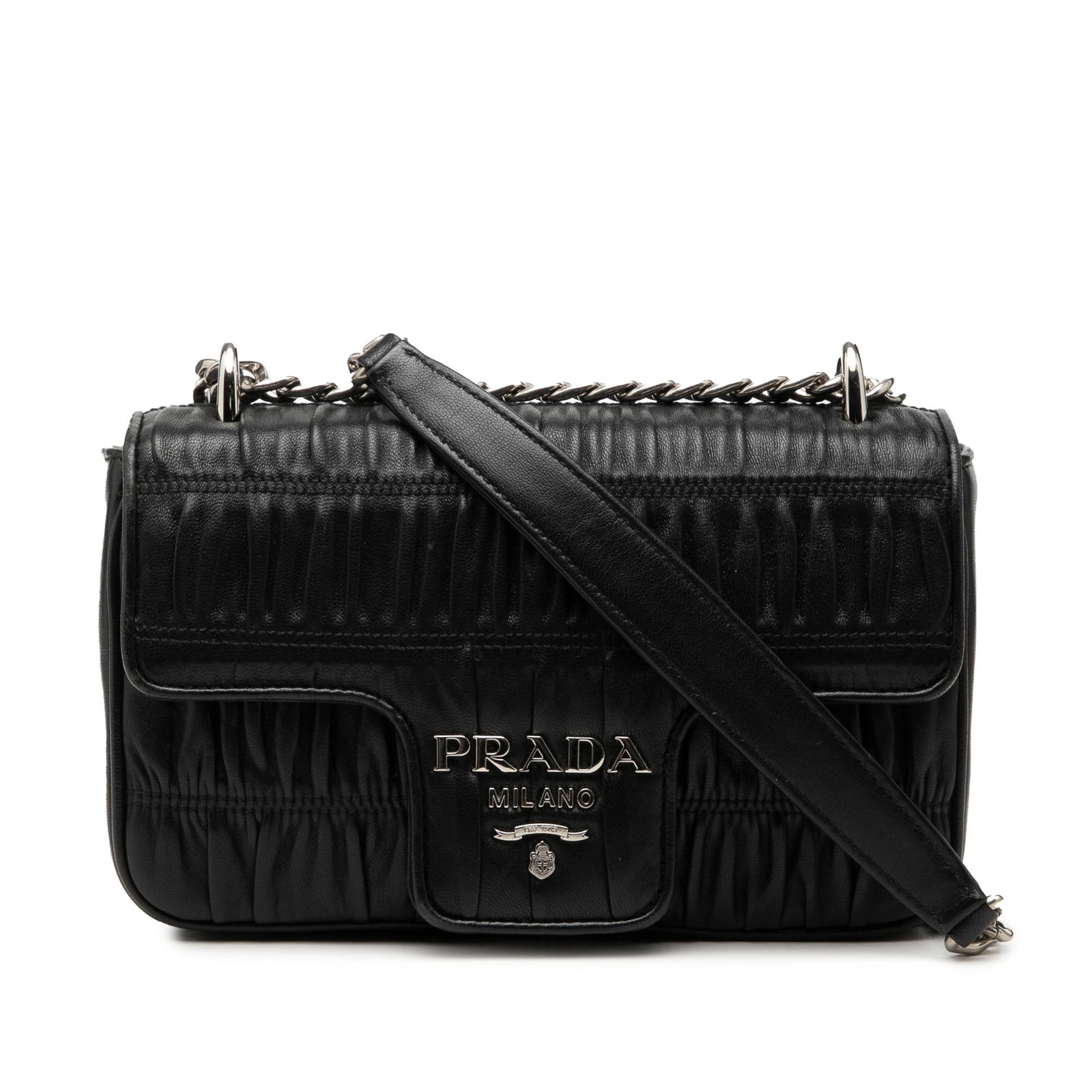 Prada Gaufre Chain Flap Shoulder Bag in Black Nappa Leather: Prada Gaufre Chain Flap Shoulder Bag in Black Nappa Leather Prada Nappa Gaufre Chain Flap shoulder bag in black leather with a front flap and magnetic snap closure. The bag features a chain link shoul