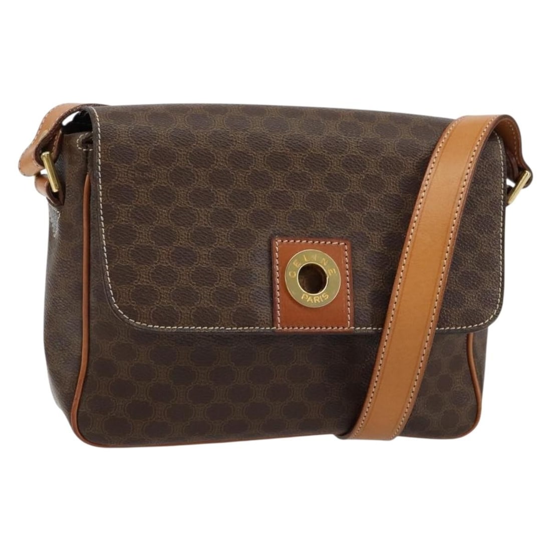 Celine Macadam Circle Logo Shoulder Bag Brown Canvas Leather: Celine Macadam Circle Logo Shoulder Bag Brown Canvas Leather This Celine Vintage Macadam Circle Logo Shoulder Bag features a classic brown canvas exterior accented with leather details. Designed for w