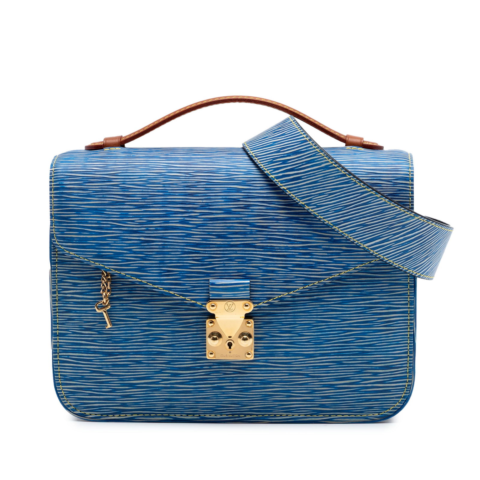 Louis Vuitton Pochette Metis Epi Denim Reverse Monogram Blue Bag: Louis Vuitton Pochette Metis Epi Denim Reverse Monogram Blue Bag This Louis Vuitton Pochette Metis showcases a stylish blend of Epi leather and reverse monogram canvas in blue. It features a flat vach