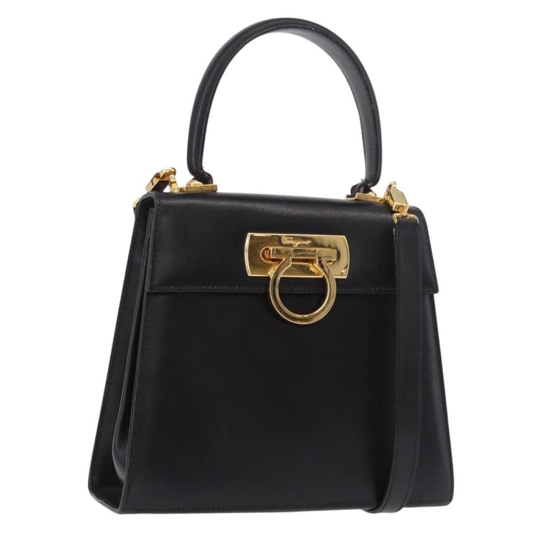 Salvatore Ferragamo Black Leather 2way Handbag with Shoulder Strap: Salvatore Ferragamo Black Leather 2way Handbag with Shoulder Strap Salvatore Ferragamo 2-way handbag in black leather with gold-tone accents. Made in Italy, this women's bag includes a shoulder strap 