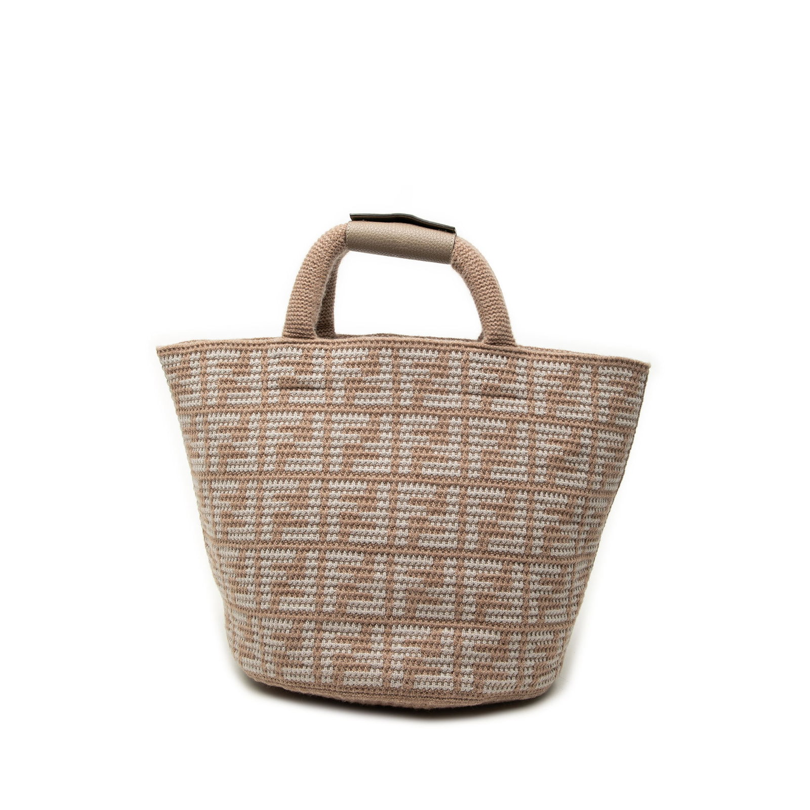 Fendi Zucca knit cashmere tote bag shopper: Fendi Zucca knit cashmere tote bag shopper Fendi Zucca Cashmere Shopper Tote crafted with a knitted cashmere body and rolled top handles. This open-top tote comes with a dust bag. Condition is AB with