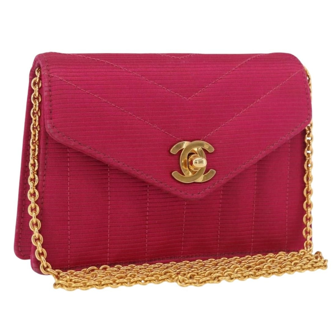 CHANEL satin shoulder bag in pink with gold chain strap: CHANEL satin shoulder bag in pink with gold chain strap Chanel V stitched shoulder bag in pink and gold satin, made in France. This women's bag features a chain shoulder strap and compact silhouette. 