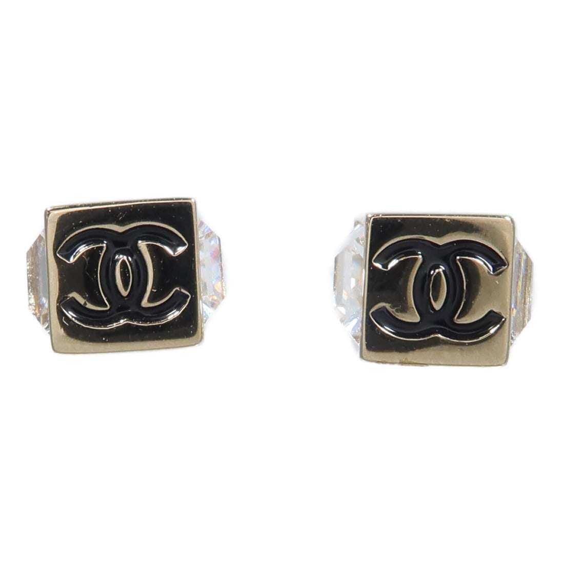 CHANEL ABE805 CC Pierced Earrings Clear Gold Black Metal: CHANEL ABE805 CC Pierced Earrings Clear Gold Black Metal CHANEL CC pierced earrings, model ABE805, in metal with a clear, gold, and black color combination. Includes the storage box. Condition is AB: 